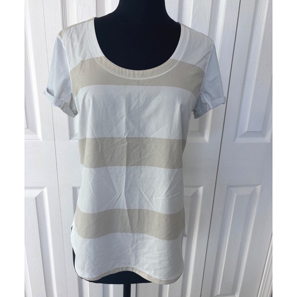 lululemon athletica Tops - Lululemon Striped Short Sleeve Top‎ Athletic Activewear Cutout Back white beige